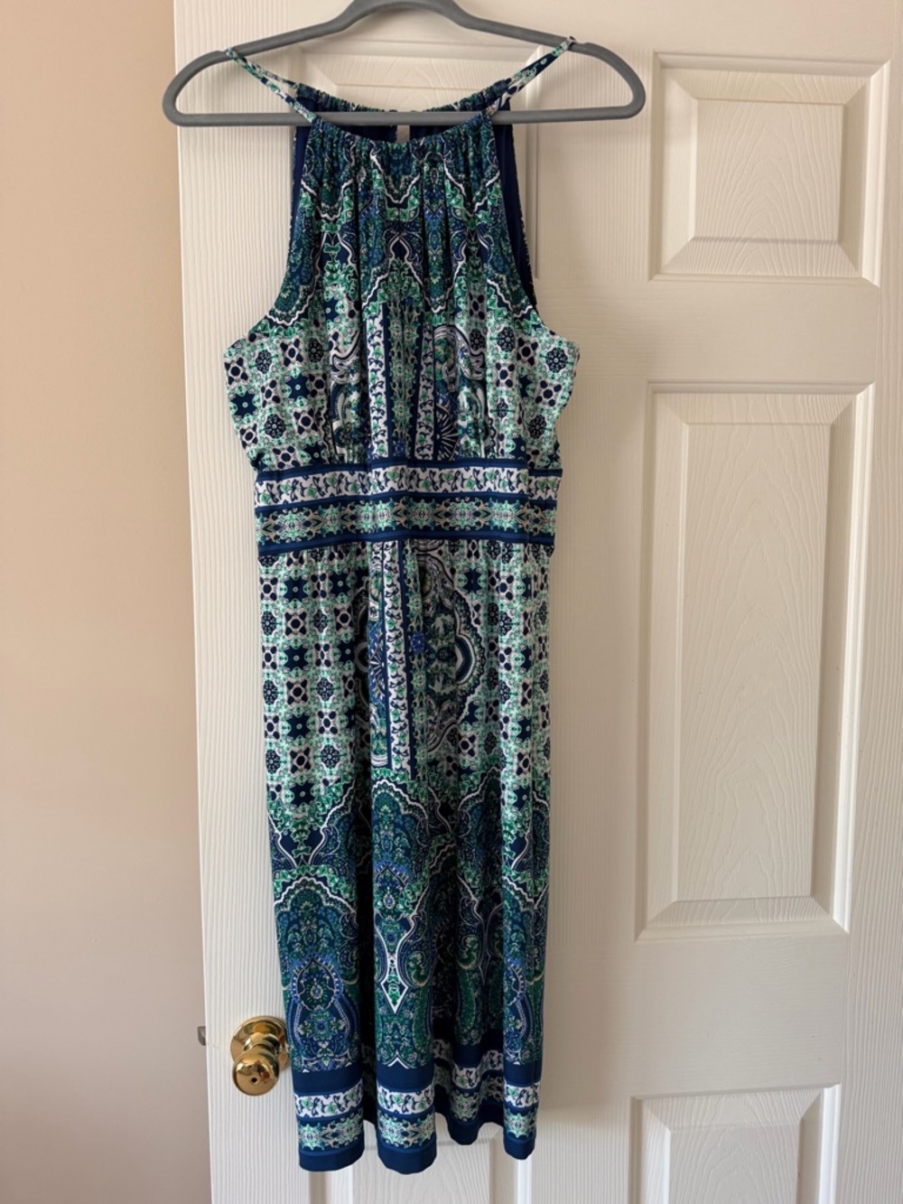 Sleeveless Printed Dress in Teal & Navy